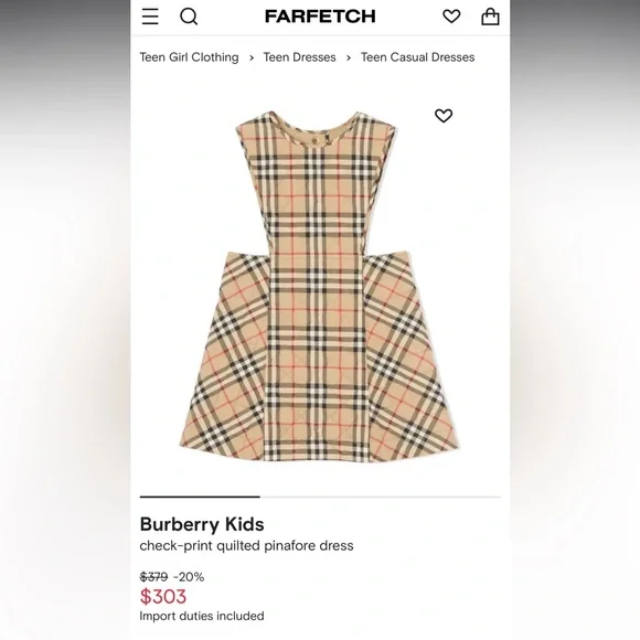 Burberry Kids Dress in Beige and Red Plaid